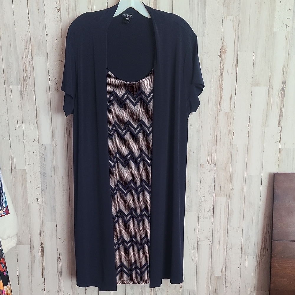 Enfocus Studio Blue and Tan Chevron Midi Dress with Overlay